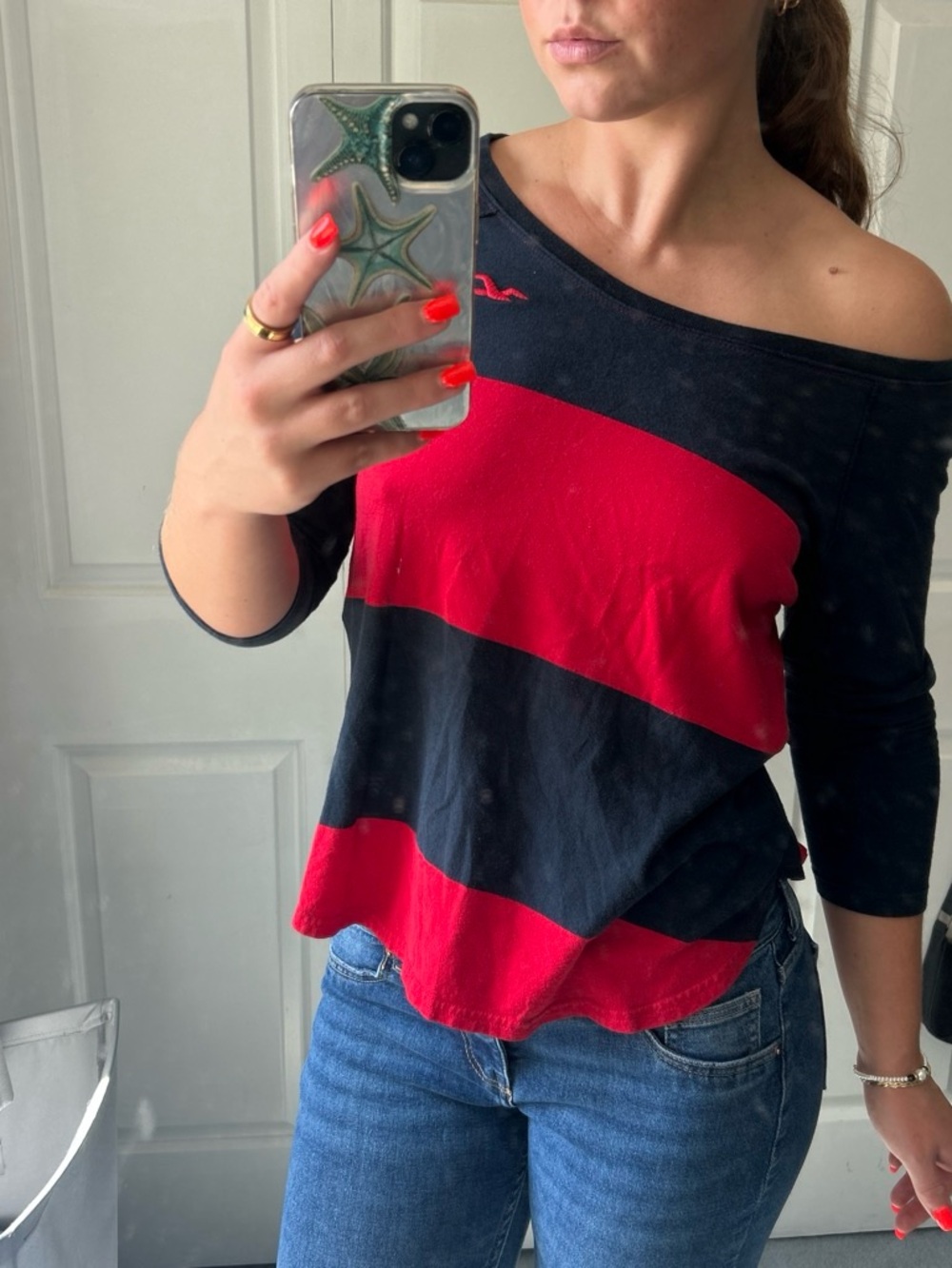 Y2K Women’s Off-Shoulder Striped Sweater - Red & Black